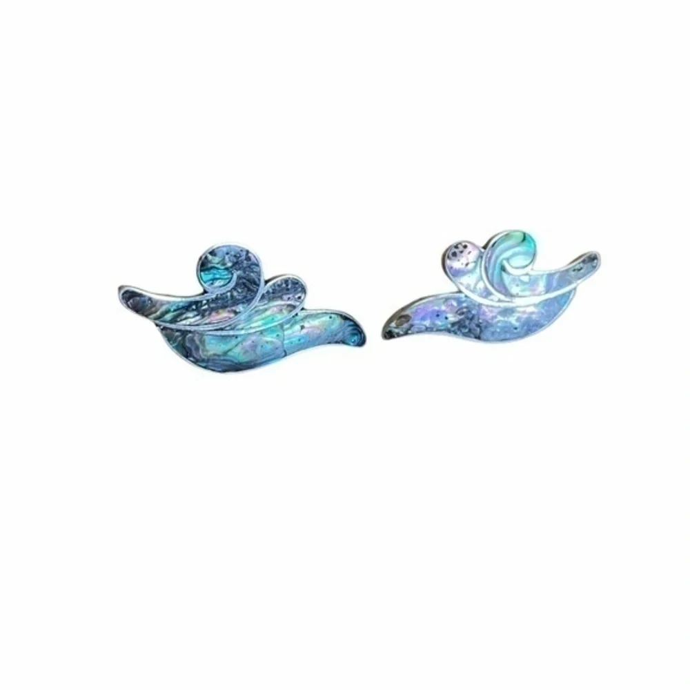 Vintage Taxco 925 Silver Abalone Shell Leaf Brooch Earrings Matching Jewelry Set